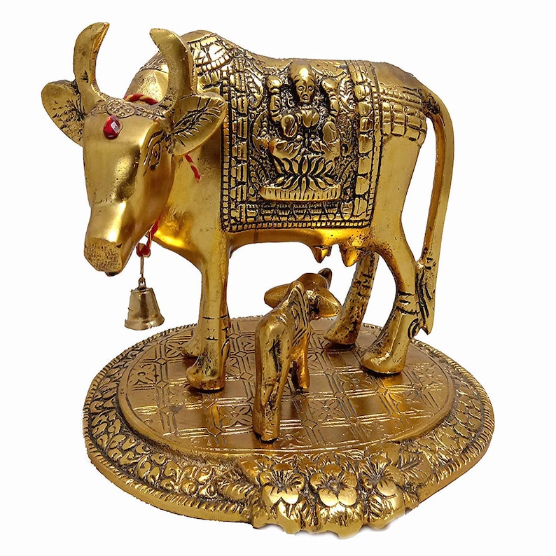 16x12x11 cm, 440 Gm Metal Gold Elegant Kamdhenu Cow and Calf Statue for Home Decor