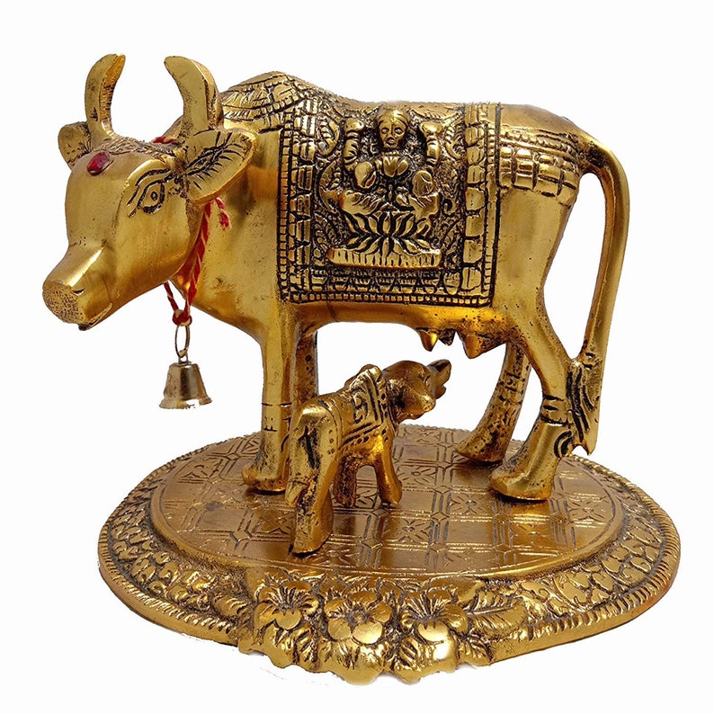 16x12x11 cm, 440 Gm Metal Gold Elegant Kamdhenu Cow and Calf Statue for Home Decor