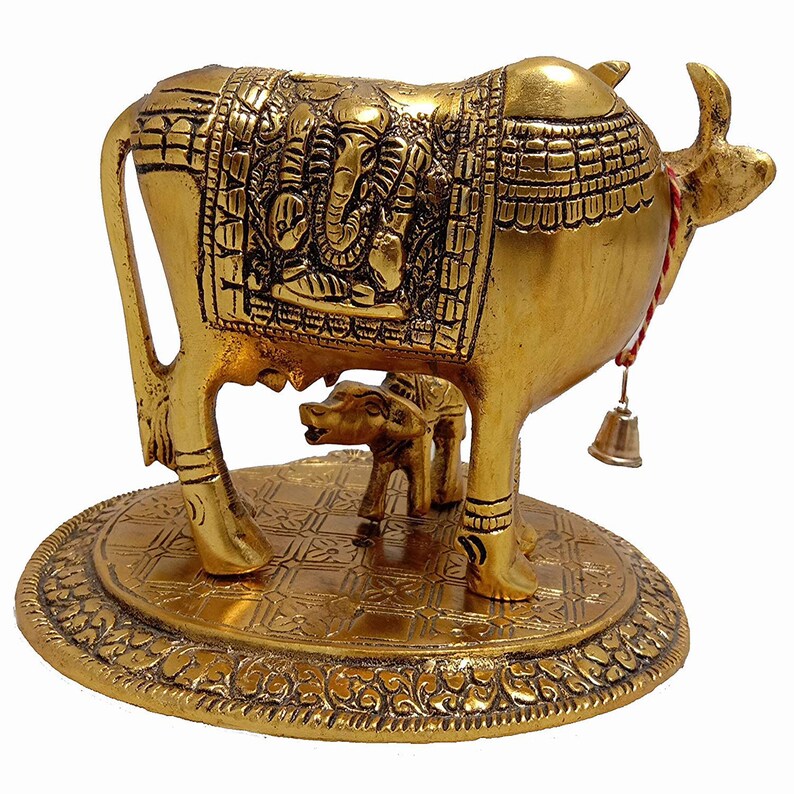 16x12x11 cm, 440 Gm Metal Gold Elegant Kamdhenu Cow and Calf Statue for Home Decor