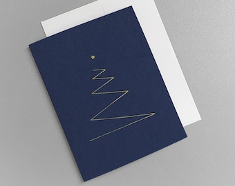 Gold Stitched Christmas Tree Cards, Modern Minimalist Holiday Card Set