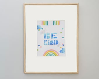 Be Kind Nursery Giclee Print, Watercolor and Paper Cut Typographic Rainbow Art