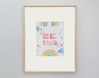 Be Kind Nursery Print, Watercolor Rainbow, Modern Boho Art