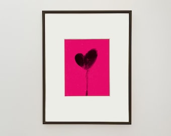 Dripping Heart Giclee Print, Black Watercolor Art on Magenta, 8x10