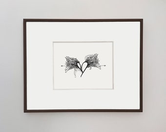 Heart with feathers art, art nouveau, boho, whimsical, black and white bedroom decor, nursery art, black and white ink illustration, 10x8