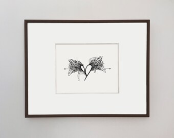 Heart with Feathers Art Nouveau Giclee Print, Boho Bedroom Decor (10x8)