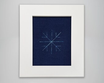 Hand-Stitched Snowflake Art Print, Holographic Cyan Thread, Geometric Winter Wall Decor, Modern Minimalist (5x7)
