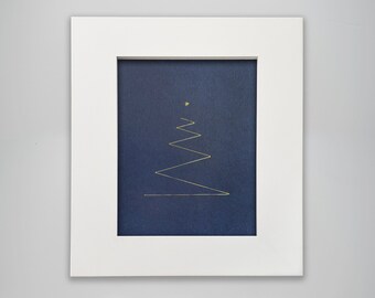 Christmas Tree Art Print, Gold Stitch, Modern Minimalist, Navy Paper, 5x7