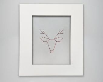 Reindeer art print, red metallic thread stitch, geometric reindeer art, minimalist winter wall art, Christmas art, 5x7