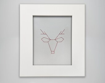 Geometric Reindeer Art Print, Red Metallic Stitch, Modern Minimalist Christmas Decor (5x7)