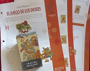 May include: A deck of "Oráculo Mexicano" cards, "The Game of the Gods", with accompanying printed materials. The box and cards feature colourful illustrations of Aztec deities and symbols. The printed materials include text in Spanish and illustrations.