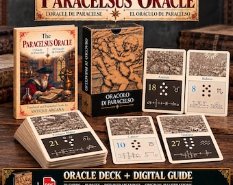 May include: The Paracelsus Oracle deck includes a guidebook, a storage box, and illustrated cards. The guidebook cover shows a scholar in a library. The box features a black and white drawing of two figures. Cards display titles like Amissio, Rubeus, Fortuna Major, Cancer, and Tristizia with numbers and symbols.