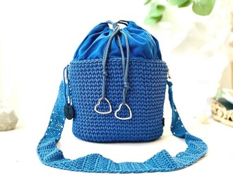 Trendy Crochet Bucket Bag with Fabric Insert, Denim Blue, Adjustable Strap, Heart-Shaped Hardware