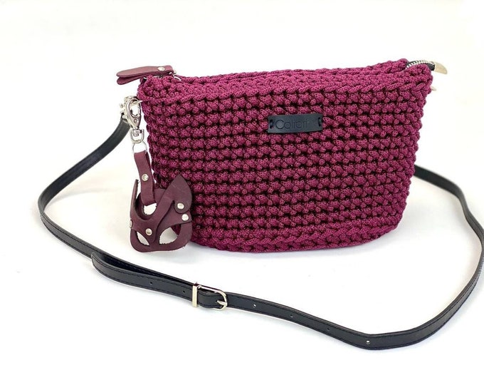 Hand-Crocheted Burgundy Bag with Leather Base, Cat Mask Charm & Shoulder Strap