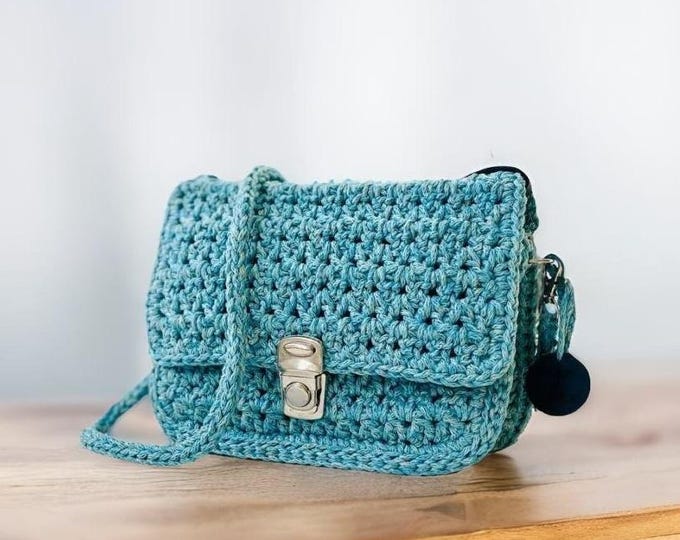 Handmade Crochet Handbag in Gray Turquoise – Crocheted Shoulder Strap, Lock Closure, Top Handle