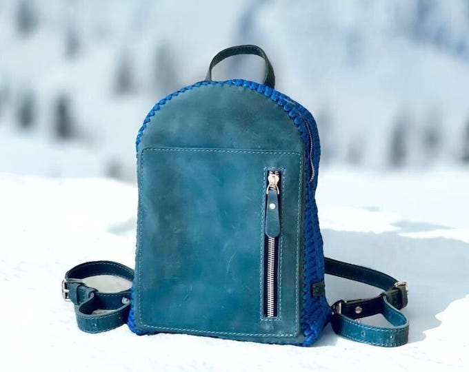 Handmade Crochet Backpack in Denim Blue – Durable Polypropylene Cord with Leather Accents, Zipper Closure