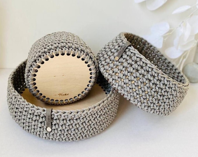 Crochet Basket with Wooden Bottom – Handmade Storage Basket – Stylish & Trendy Organizer – Boho Home Decor