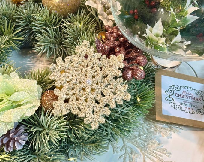 Handcrafted Sparkling Snowflake beige Set: Pack of 5 Crocheted Ornaments | Christmas Decorations, Holiday Gift, Crafted Winter