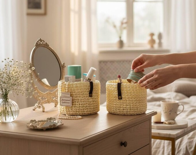 Handmade Crochet Raffia Basket Set | Stylish & Convenient Beige-Yellow Storage Baskets with Gold Tint | Gift for Mom, Wife, Daughter, Sister