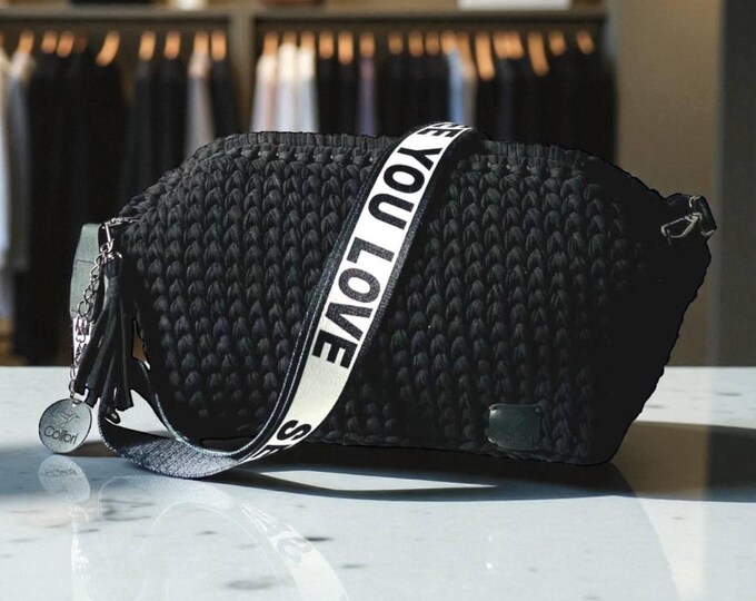 Handmade Crochet Bag with Colorful Strap – Durable Knitted Yarn, Hidden Closure, Top Handle