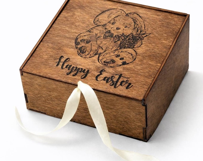Easter Decor Gift Set, Wooden Easter Bunnies in Gift Box with Engraving and Personalization