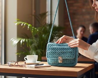 Handmade Crochet Handbag in Gray Turquoise – Crocheted Shoulder Strap, Lock Closure, Top Handle