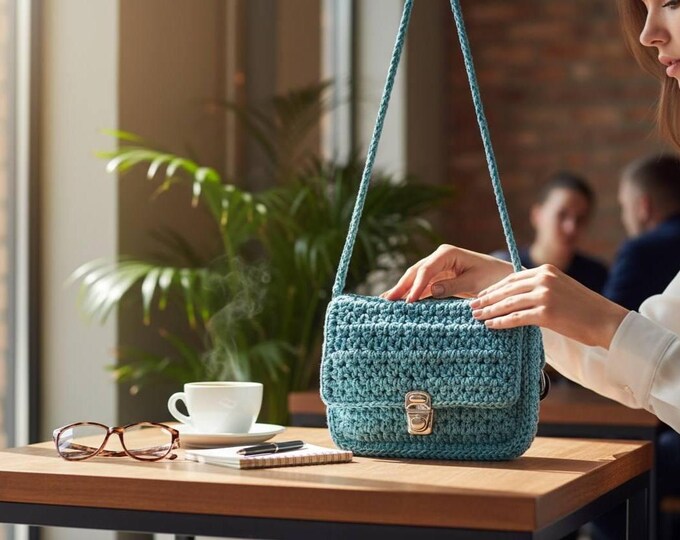Handmade Crochet Handbag in Gray Turquoise – Crocheted Shoulder Strap, Lock Closure, Top Handle