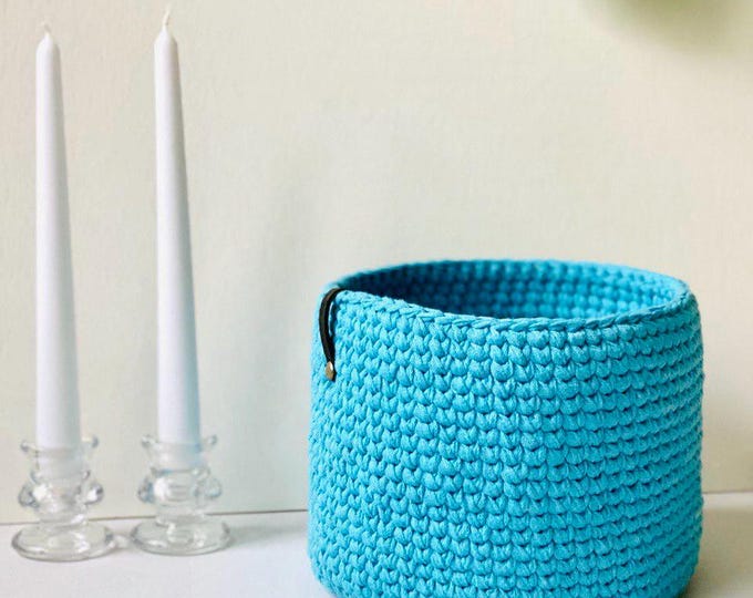 Handmade Crochet Basket with Wooden Base | Blue Decorative Storage Basket | Home & Nursery Organizer