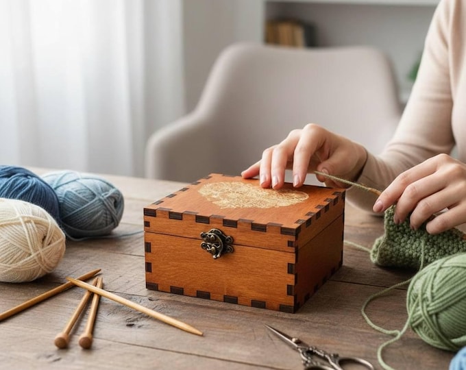 Wooden Craft Organizer Box, Knitting Needle and Crochet Hook Storage, Sewing Supply Box, Hobby Craft Storage Organizer
