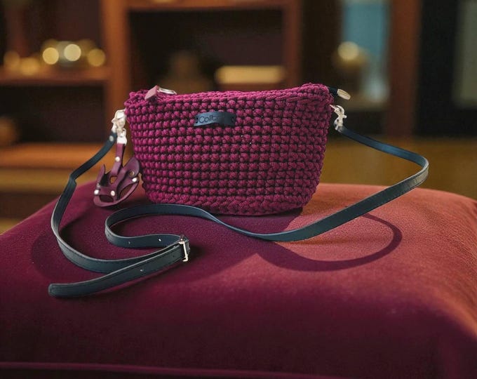 Hand-Crocheted Burgundy Bag with Leather Base, Cat Mask Charm & Shoulder Strap