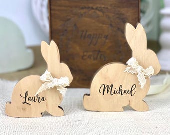 Wooden Easter Bunny Decor Set in Gift Box, Easter Bunny Figurines, Spring Bunny Decor, Easter Basket Gift, Farmhouse Easter Decoration