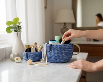 Set of two blue crochet baskets with wooden base – handmade organizer