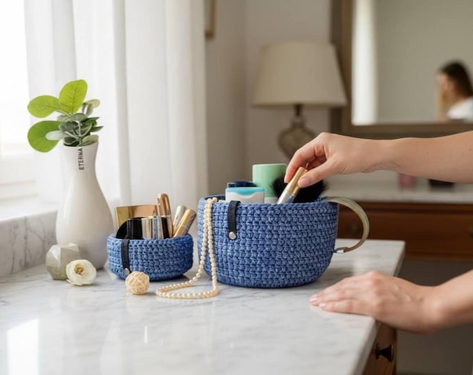Set of two blue crochet baskets with wooden base – handmade organizer