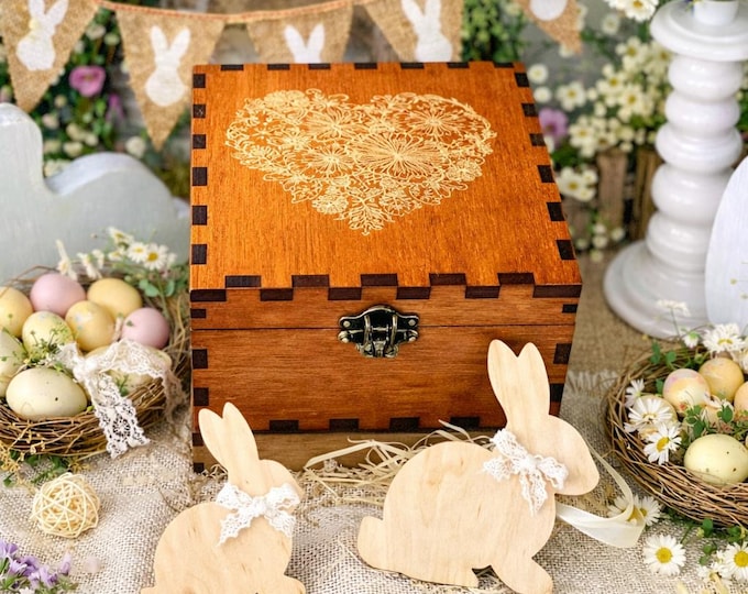 Handmade Wooden Craft Supply Box, Laser Engraved Heart