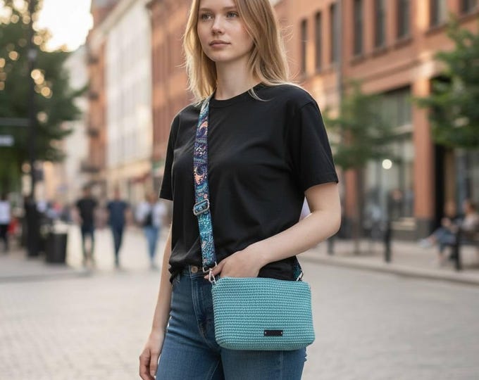 Blue Crochet Tote Bag with Zipper, Handmade Market Bag, Summer Beach Purse, Reusable Shopping Bag, Gift for Women