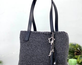 Handmade Black and Gray Crochet Bag, Zipper Closure, Leather Handles, Stylish Pendant, Compact Size