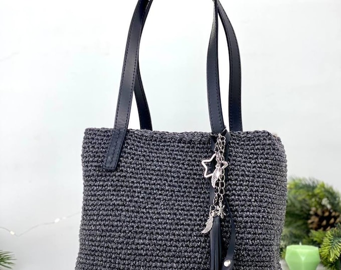 Handmade Black and Gray Crochet Bag, Zipper Closure, Leather Handles, Stylish Pendant, Compact Size