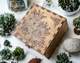 Personalized Wooden Box with Floral Design for Gift — Unique Engraved Box for Wedding, Birthday