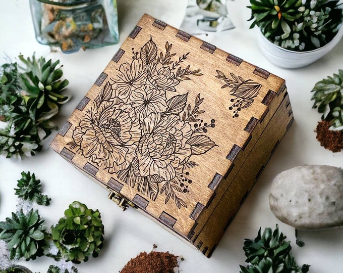 Personalized Wooden Box with Floral Design for Gift — Unique Engraved Box for Wedding, Birthday