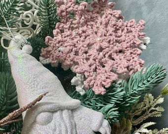 Handcrafted Sparkling Snowflake pink Set: Pack of 5 Crocheted Ornaments | Christmas Decorations, Holiday Gift, Crafted Winter