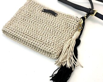 Handmade Party Clutch, Crochet Bridal Purse, Elegant Handmade Bag, Knitted Bag with Leather Shoulder Strap, Handbag, Ivory Shoulder Bag