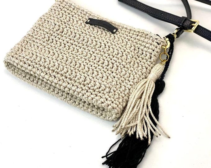 Handmade Party Clutch, Crochet Bridal Purse, Elegant Handmade Bag, Knitted Bag with Leather Shoulder Strap, Handbag, Ivory Shoulder Bag