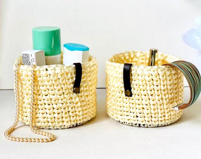 Handmade Crochet Raffia Basket Set | Stylish & Convenient Beige-Yellow Storage Baskets with Gold Tint | Gift for Mom, Wife, Daughter, Sister