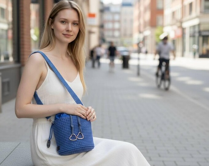 Trendy Crochet Bucket Bag with Fabric Insert, Denim Blue, Adjustable Strap, Heart-Shaped Hardware