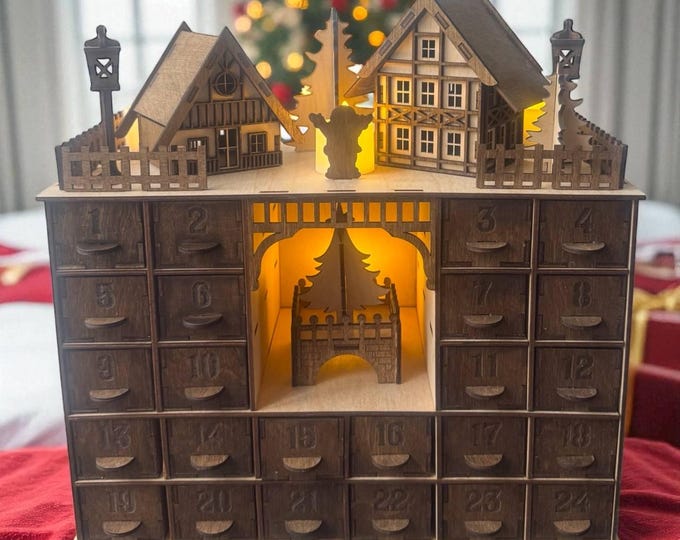 Wooden Advent Calendar House with Drawers | Reusable Christmas Countdown Box | Handmade Natural Plywood Holiday Decoration