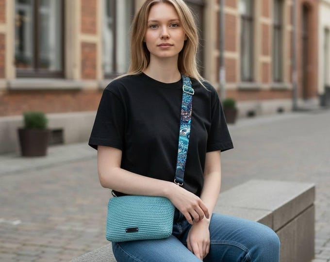 Hand Crocheted Propylene Bag, Blue Zipper Clutch with Colorful Strap