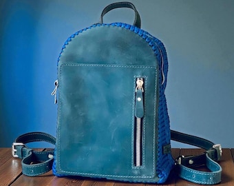 Handmade Crochet Backpack in Denim Blue – Durable Polypropylene Cord with Leather Accents, Zipper Closure