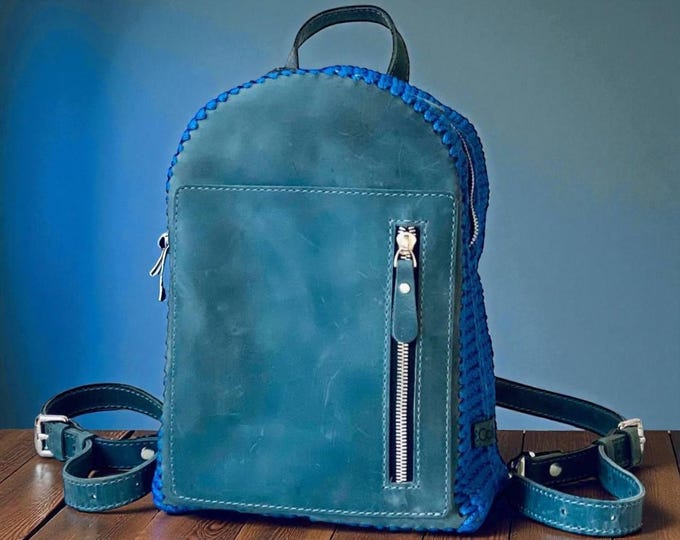 Handmade Crochet Backpack in Denim Blue – Durable Polypropylene Cord with Leather Accents, Zipper Closure