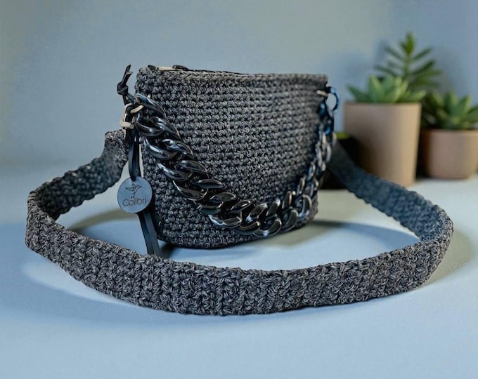 Handmade Crochet Bag and Pouch Set, Black and Gray with Cobalt Accents, Shoulder Strap, Zipper Closure