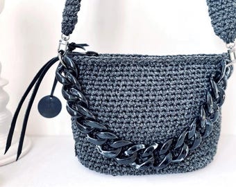 Handmade Crochet Bag and Pouch Set, Black and Gray with Cobalt Accents, Shoulder Strap, Zipper Closure