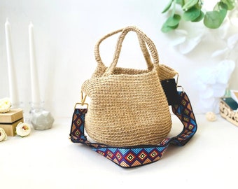 Handmade Crochet Jute Bag – Bucket Bag with MDF Bottom & Colorful Strap